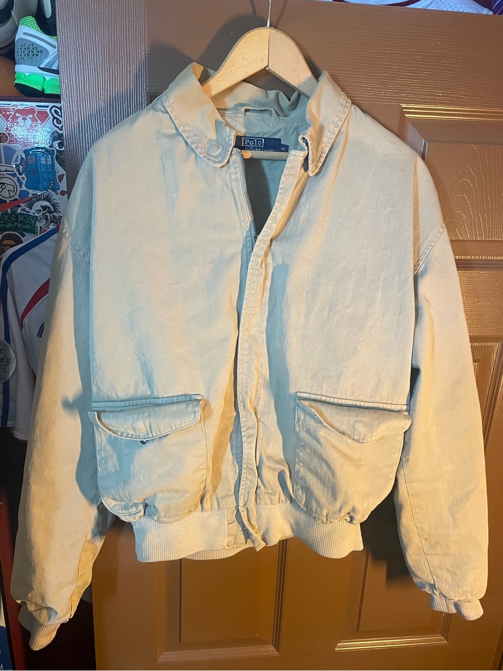 Vintage Polo Ralph Lauren A-2 Style Cotton Tan Full Zip Shoulder Tabs Men’s